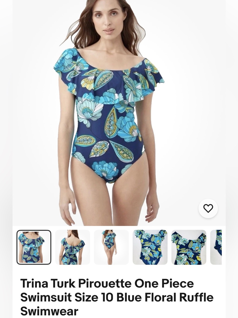 New w tags! Trina Turk Navy Blue Floral Ruffle One-Piece Swimsuit pirouette